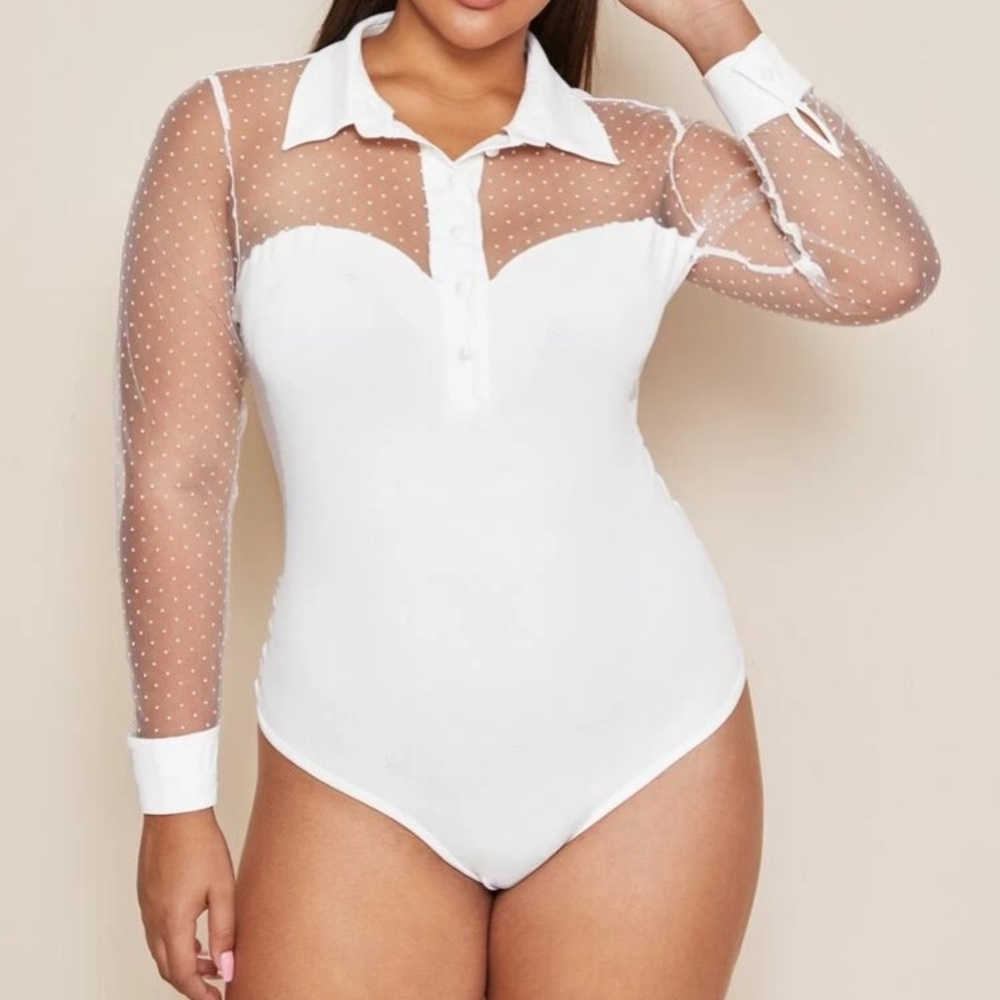 SHEIN Plus White Sheer Mesh Button Front Bodysuit